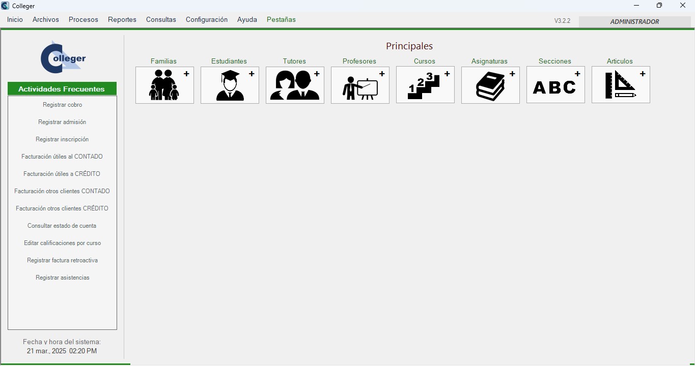 Pantalla principal de Colleger, el software de gestión escolar de APLSOFT